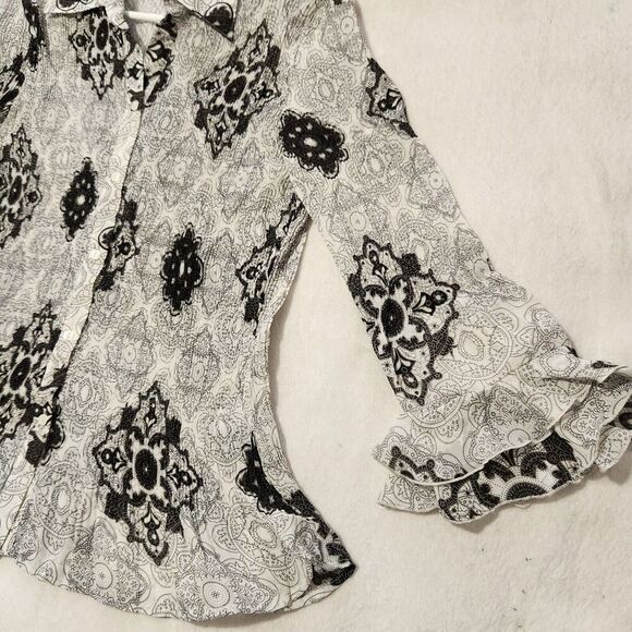 Essentials By Milano Blouse Medium Butterfly Sleeve White Black Sheer - Picture 5 of 11